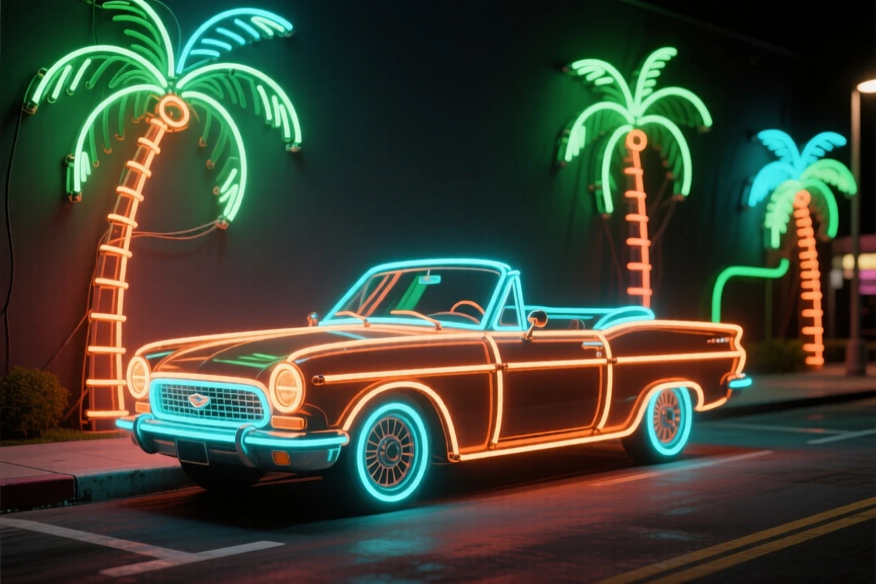 A classic 1960s convertible parked along a palm-lined boulevard.