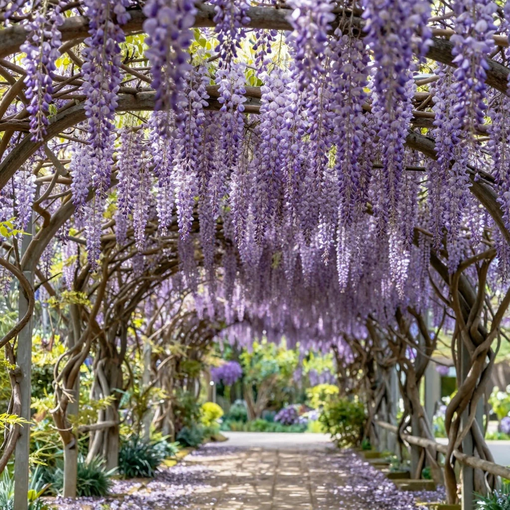A wisteria tunnel dripping with purple blossoms
