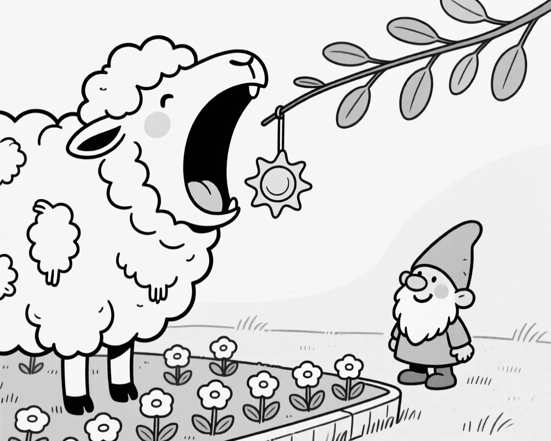 A fluffy sheep freshly and unevenly sheared, letting out a yawn wide enough to swallow the sun, set hanging from a eucalyptus branch. A garden gnome watches from the flower bed. The scene captures unconditional, goofy love.