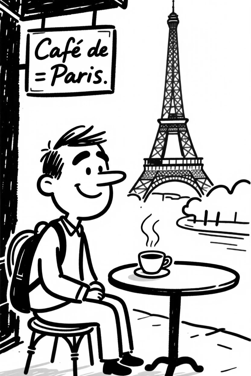 A traveler sipping coffee at a sidewalk cafe overlooking the Eiffel Tower.