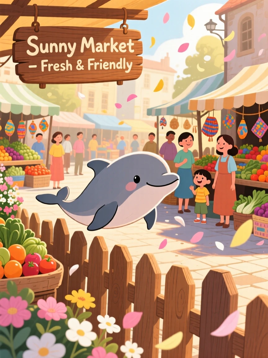 A gentle dolphin is hopping along a wooden fence in a bustling market square, with petals drifting gently down.