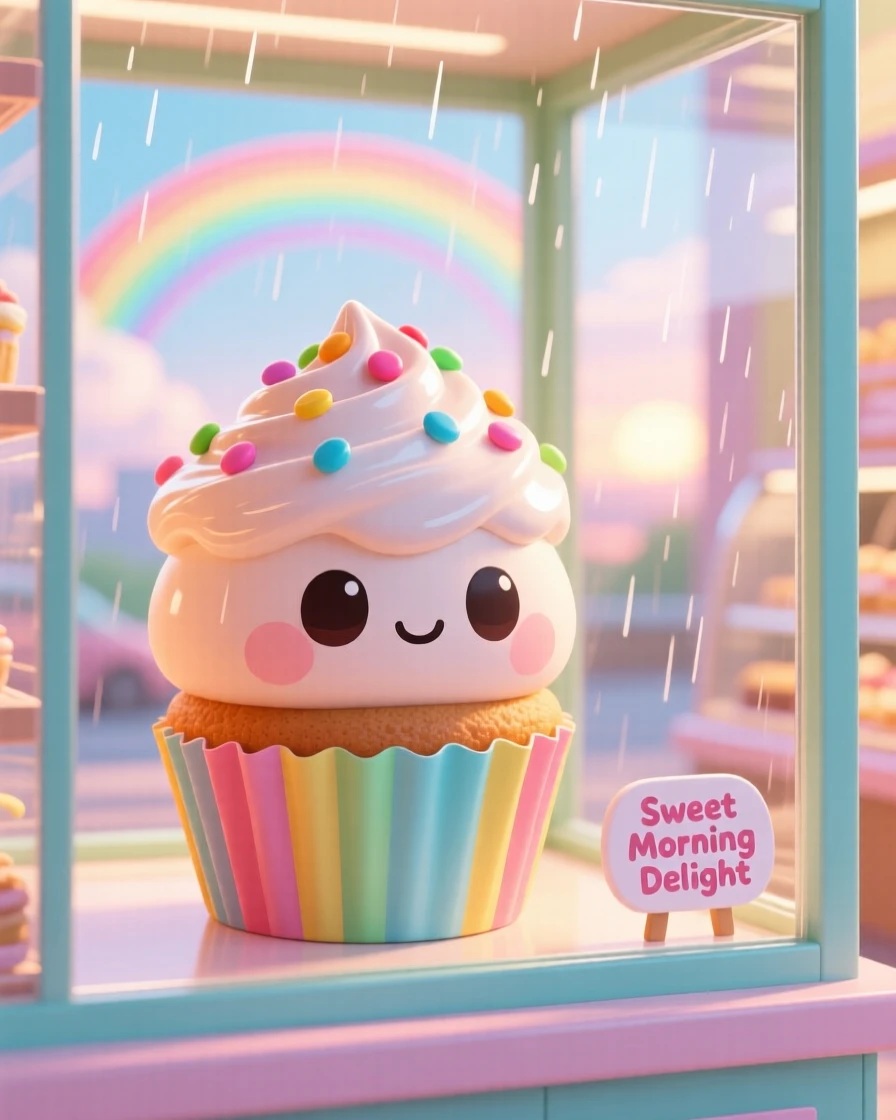 A round cupcake character with sprinkle eyes peeking out from a paper wrapper, framed as a medium shot within a bright bakery display case, under a rainbow after the rain, glowing under soft pastel light of dawn, evoking warm affection.