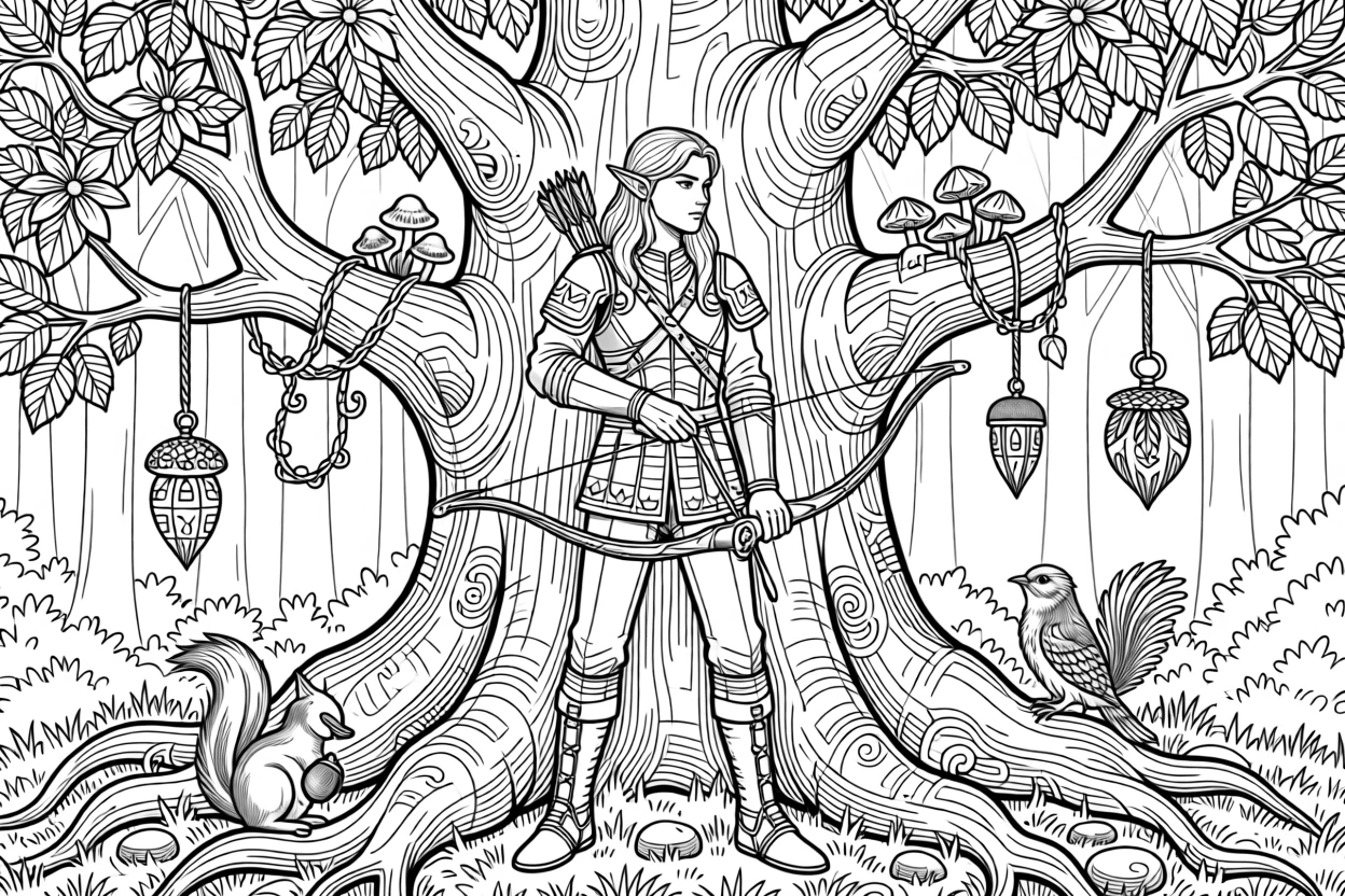 An elf archer standing watch in the branches of a giant tree.