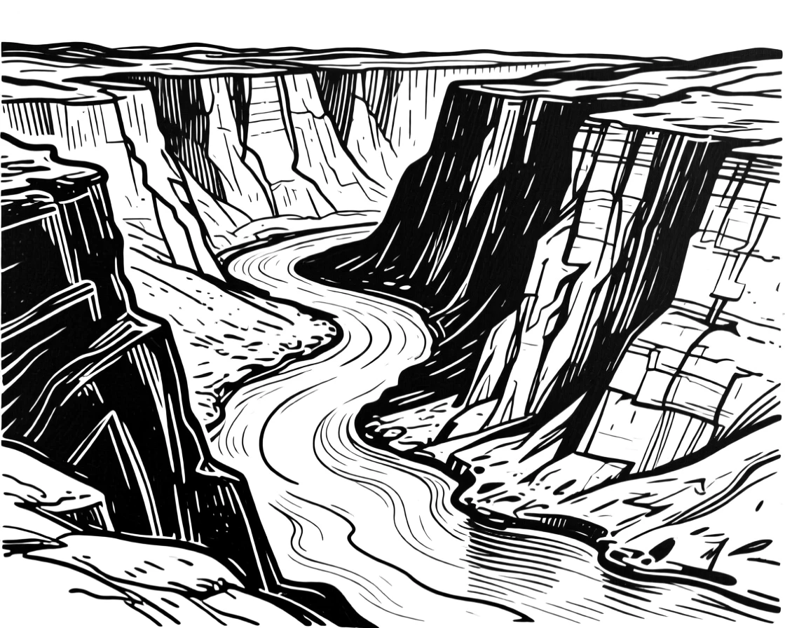 A dramatic canyon overlook with a winding river far below.