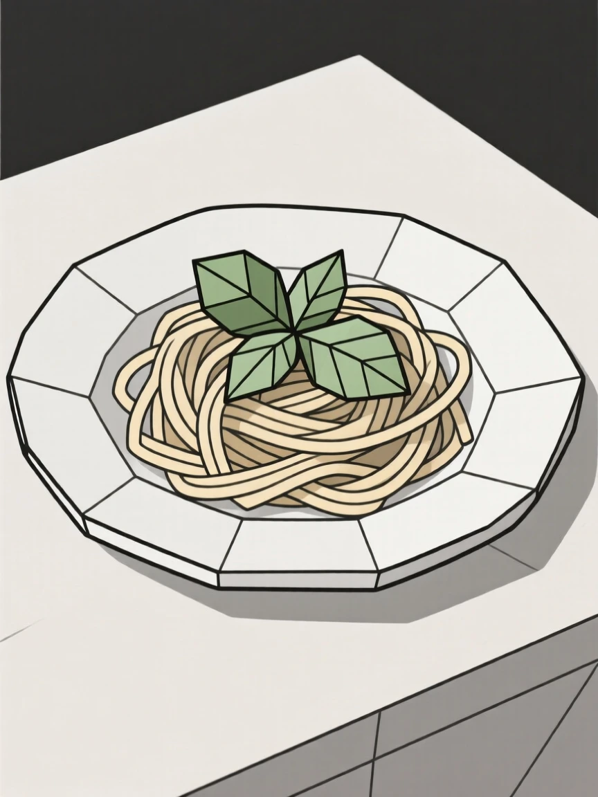 A plate of pasta twirled with fresh basil