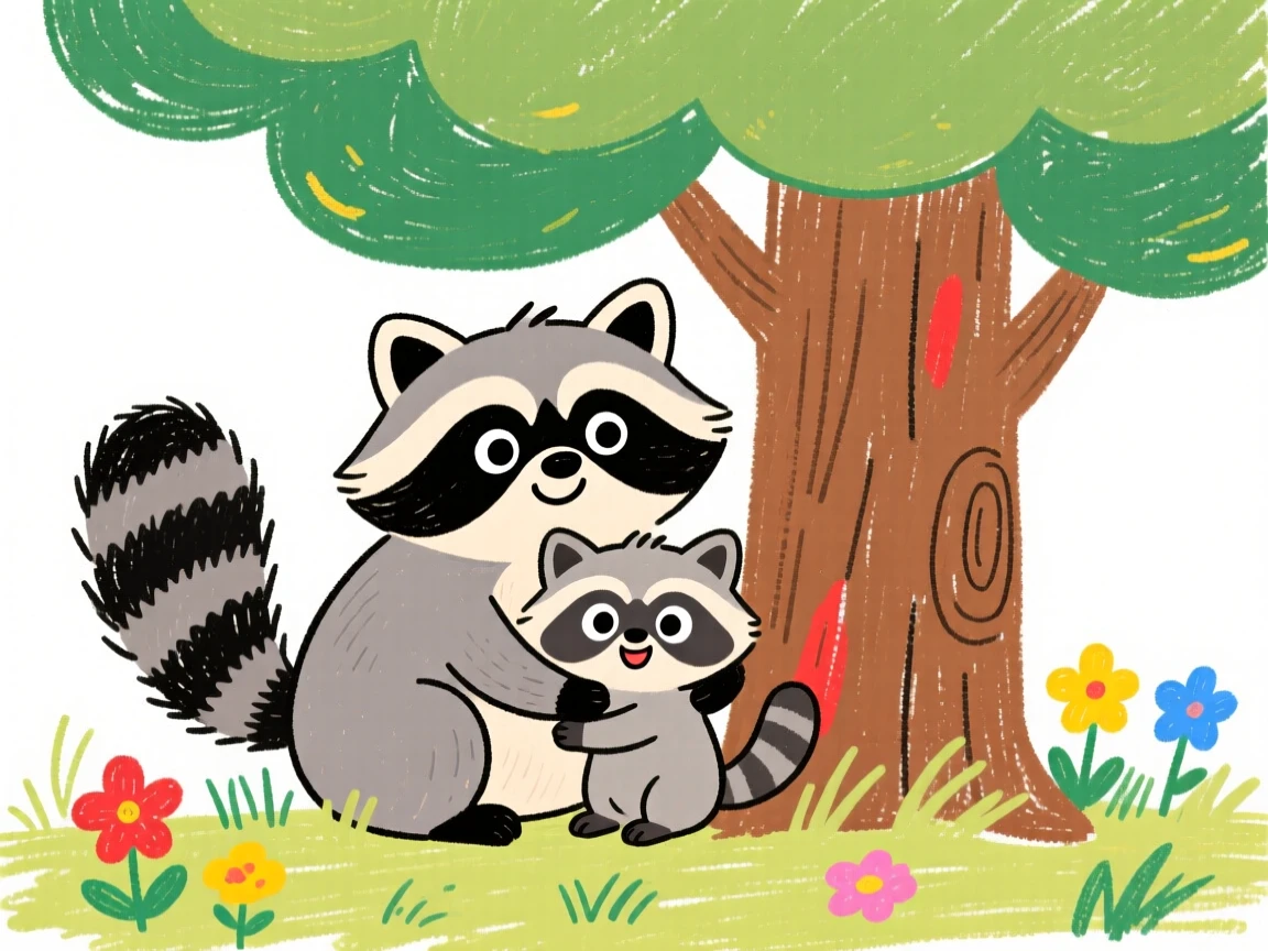 A curious raccoon kit cuddled beside its mother under a shady tree.