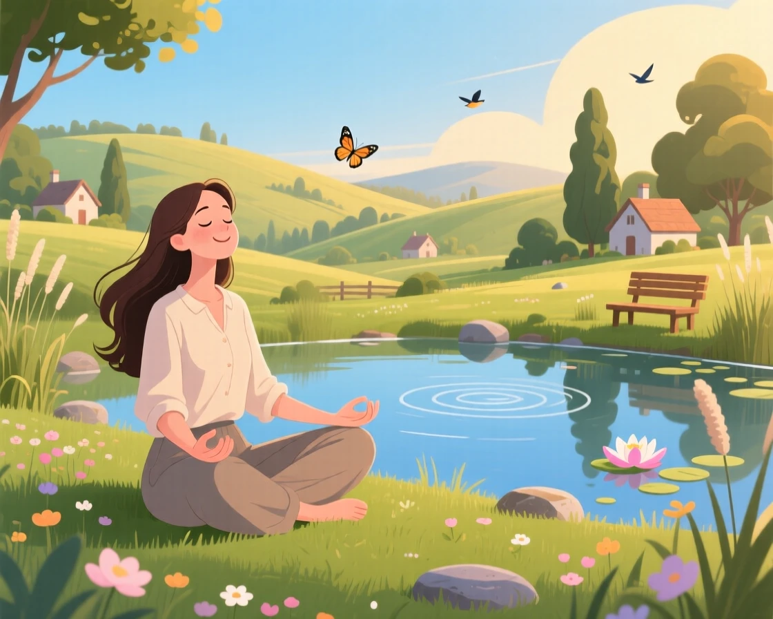 A woman meditating peacefully beside a tranquil pond, in a charming countryside setting, captured in a candid, joyful moment, with a sense of warmth and togetherness in every detail.