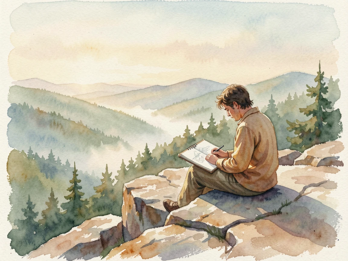 A traveler sketching a landscape from a mountain overlook in a peaceful, unhurried moment.