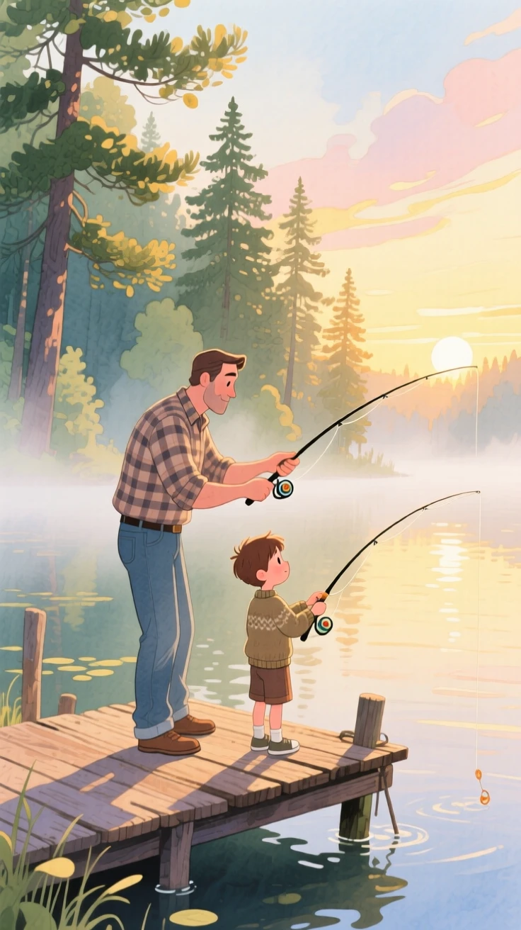 A father and son fishing off a wooden dock as the sun rises, in a misty lake surrounded by pine trees, with soft afternoon light filtering through leaves, a quiet moment of connection and teaching.