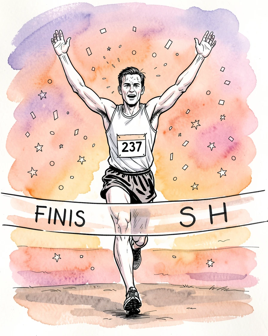 A runner crossing a finish line at sunset, arms raised in triumph as confetti falls around them