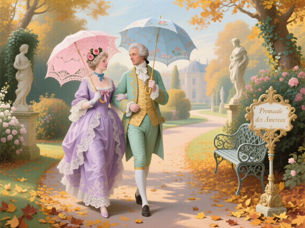 An autumn estate path covered in leaves, with a couple walking beneath umbrellas  