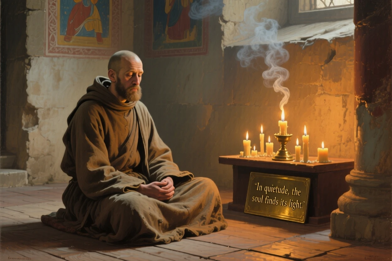 A monk in quiet meditation beneath the glow of temple candlelight, with genuine, unguarded emotion visible in the eyes, capturing a universal, deeply human moment of emotion
