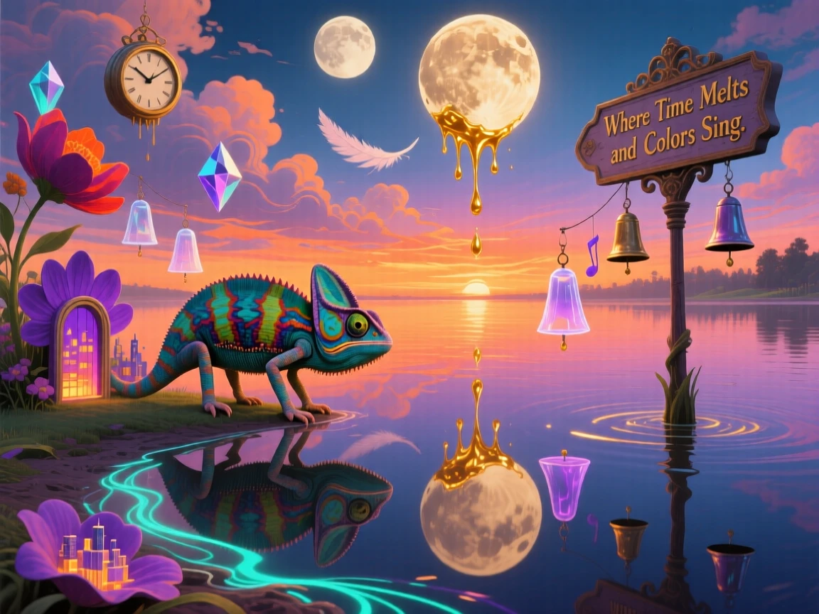 A chameleon shifting through colors of an entire sunset in seconds wanders along the edge of a mirror-smooth lake, while soft chimes seem to ring with each of its movements.