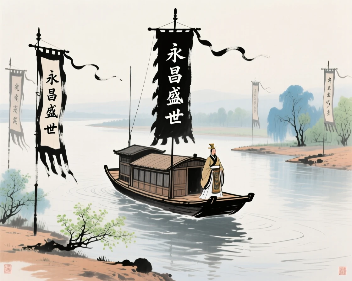 An emperor's barge gliding slowly down a wide river flanked by banners, in early spring.