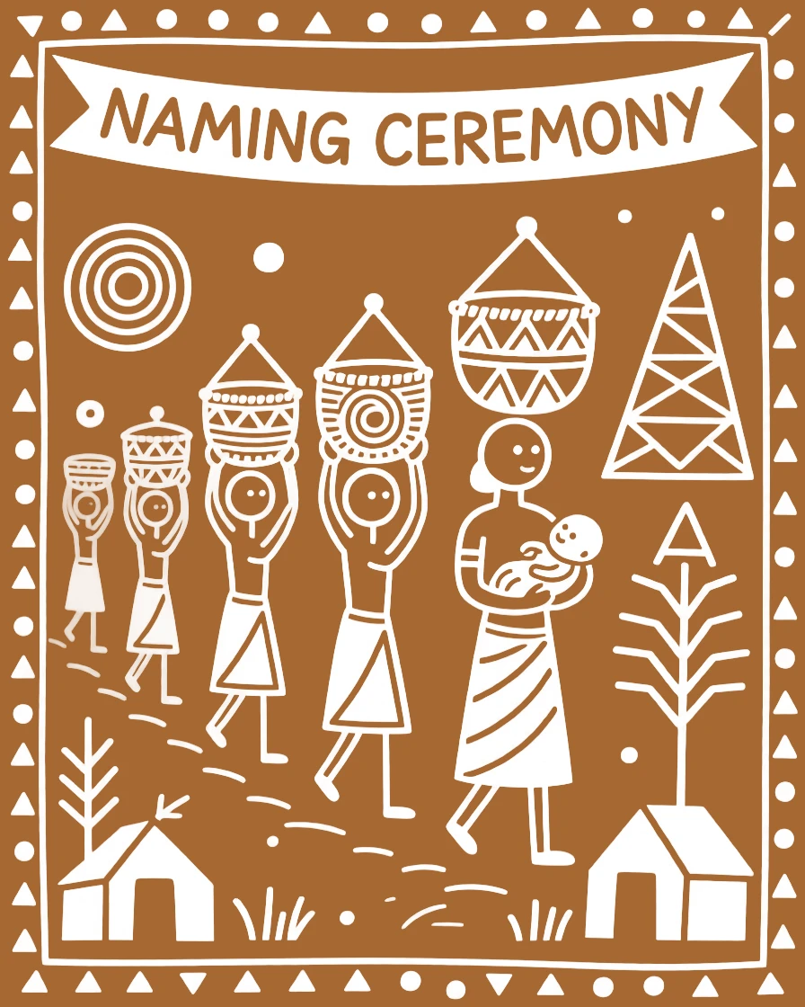 A naming ceremony for a newborn celebrated with women carrying decorated offerings on their heads.