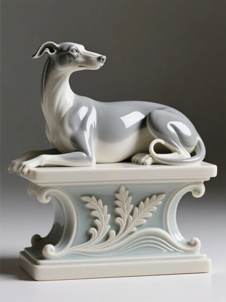 An elegant greyhound reclining regally posed elegantly atop a decorative pedestal, finished with graceful, flowing lines, stirring a sense of understated opulence.