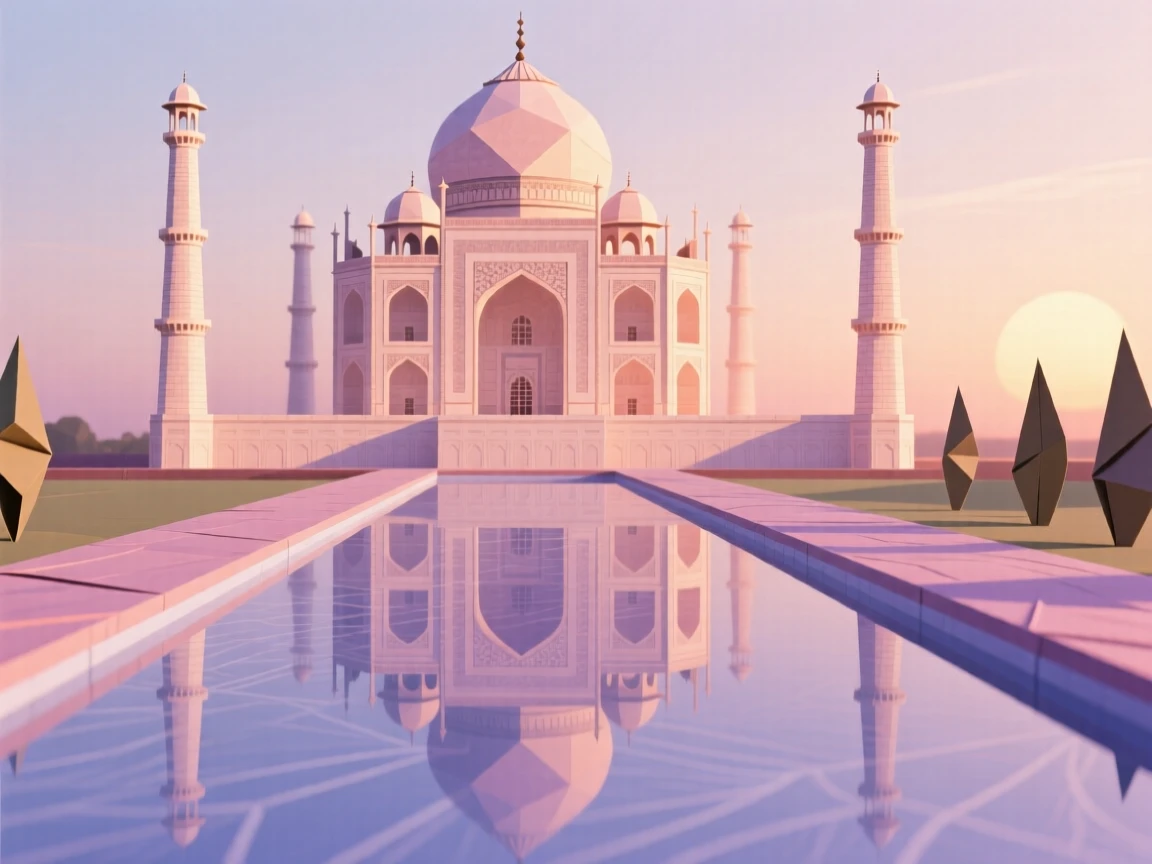 The Taj Mahal reflected perfectly in its long reflecting pool at sunrise.