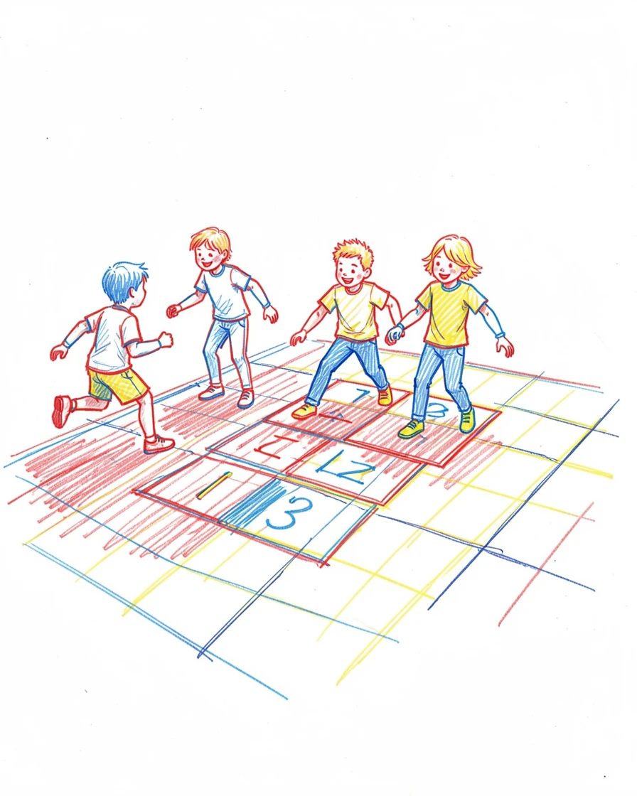 A group of children playing hopscotch on a chalk-drawn sidewalk