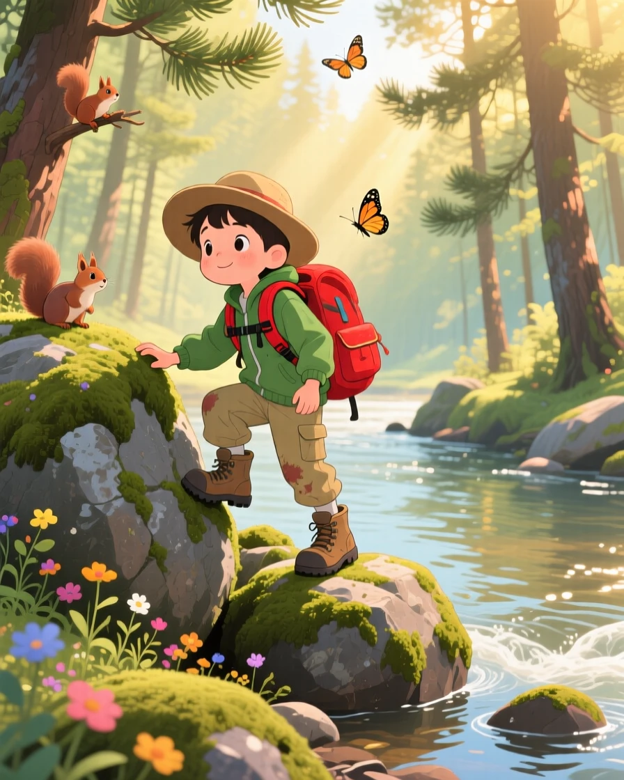 A young explorer with a backpack pauses while climbing over mossy boulders in a sunlit riverbank, with the scent of pine drifting on the wind.