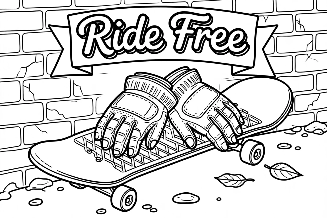 A pair of fingerless gloves resting on a skateboard deck, paired with a skateboard leaning against a brick wall.