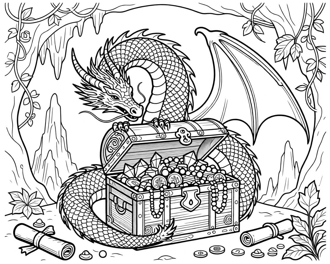 A dragon's scales shimmering as it curls around a treasure chest.
