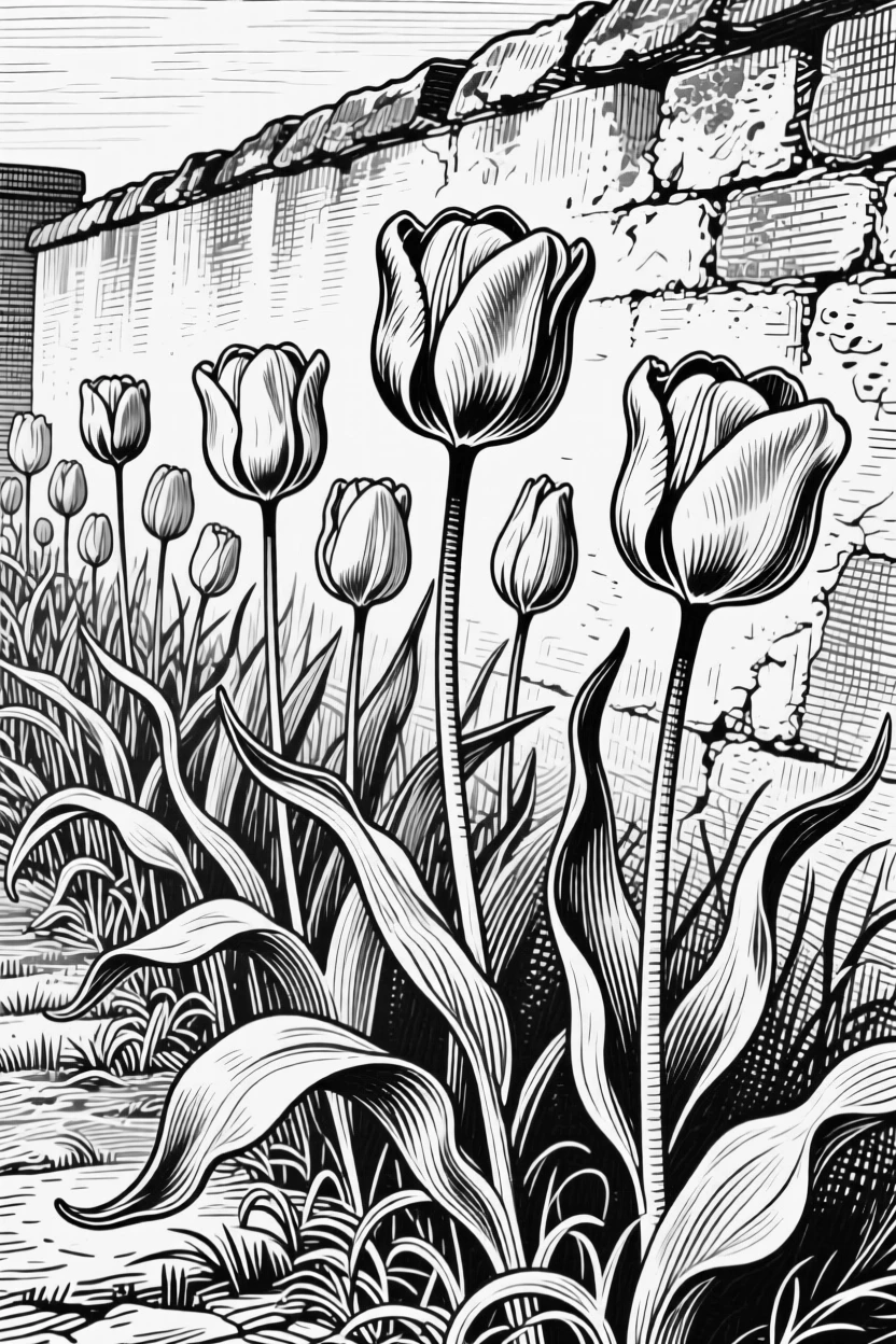 A field of tulips growing wild along a garden wall, with leaves curling gently at the tips, composed in a classic and refined still-life arrangement.