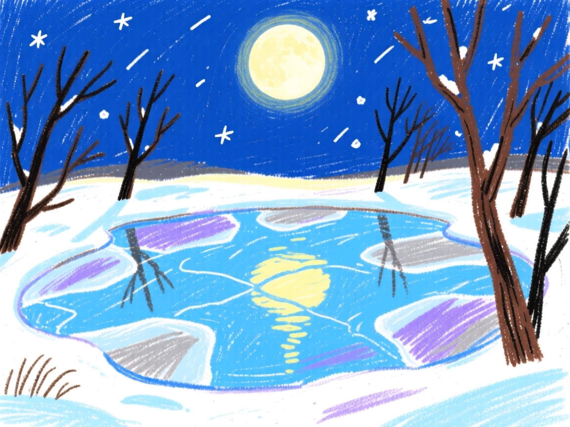 A view of a frozen pond illuminated by a full moon on a clear night.