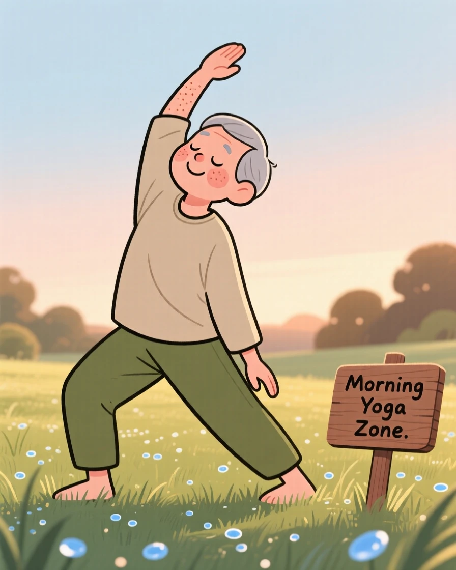A elderly man practices gentle yoga stretches on a dew-covered lawn at first light, breathing slowly as rustling grass surrounds them.