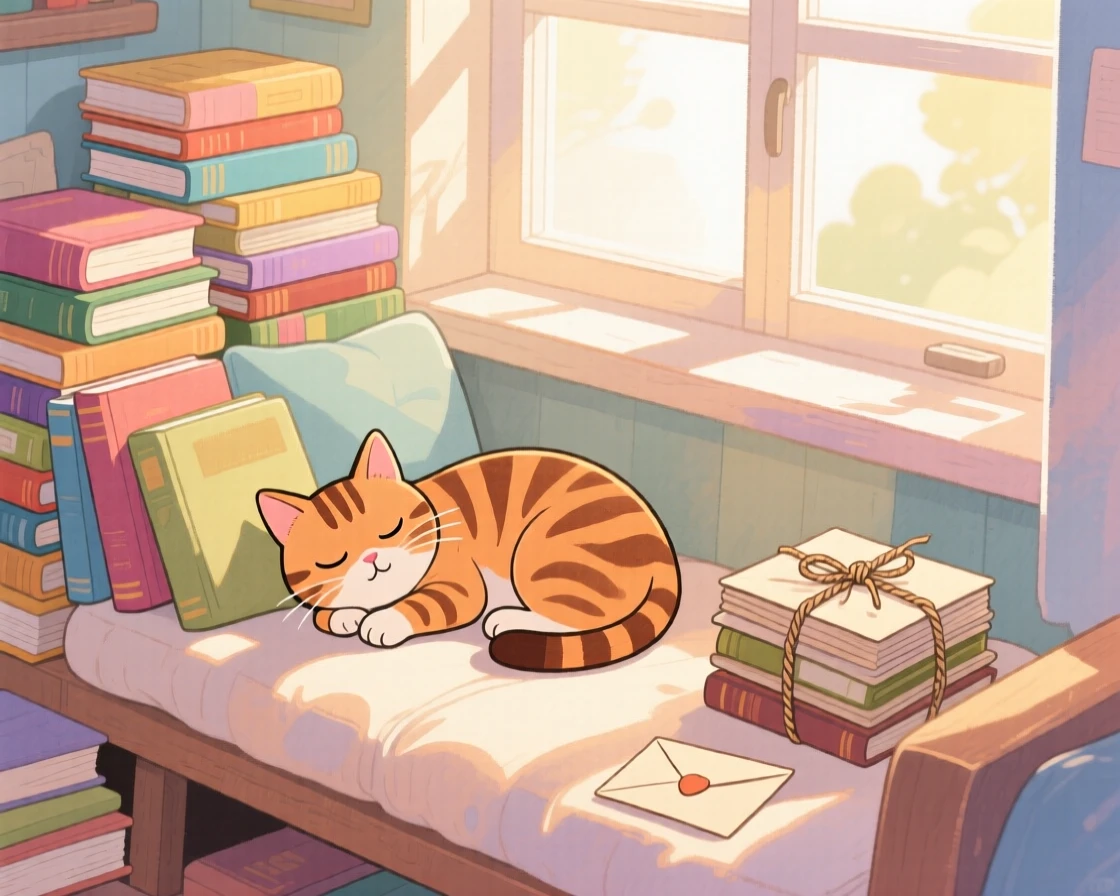 A window seat piled with books and a sleepy tabby cat basking in sunlight, with a stack of letters tied with twine resting close by, capturing the simple joy of a slow morning.