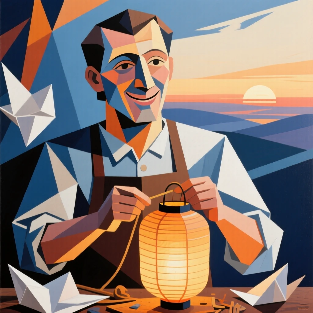 A medium shot of a paper lantern maker smiling gently as the first light of dawn touches the horizon.