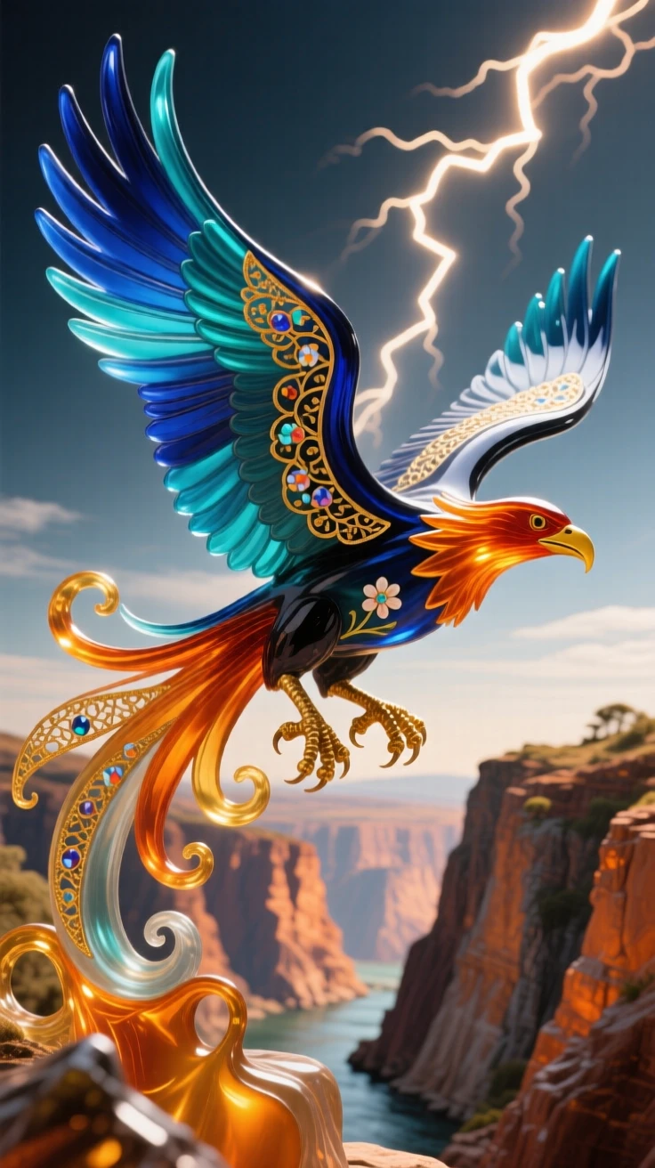 A thunderbird gliding above a canyon with lightning trailing its wings, powerful and mythic.