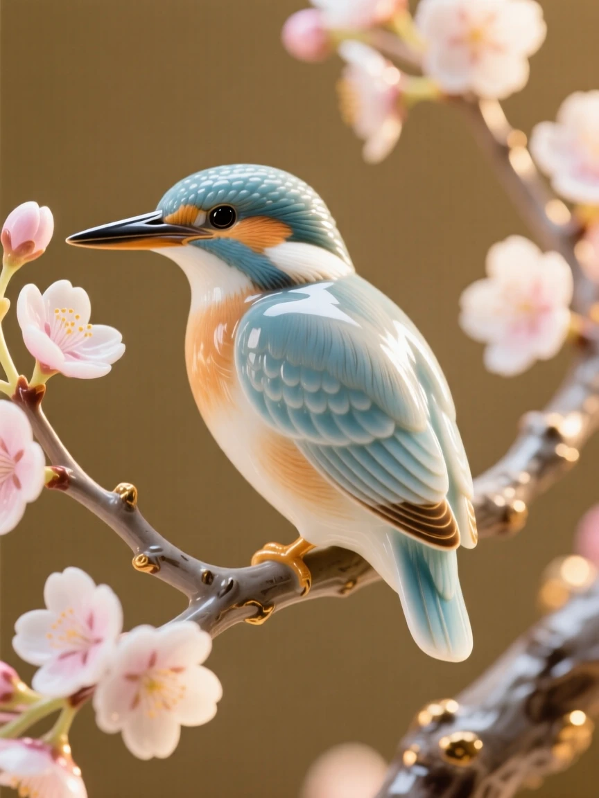 A delicate kingfisher in a flowering cherry tree, preening delicately in golden light.