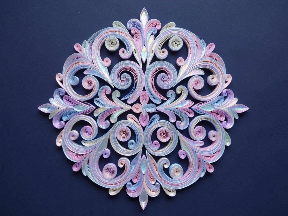 An elegant design featuring a formal damask-inspired medallion pattern, structured with clean geometric precision, with a subtle iridescent shimmer, displayed against a deep navy backdrop.