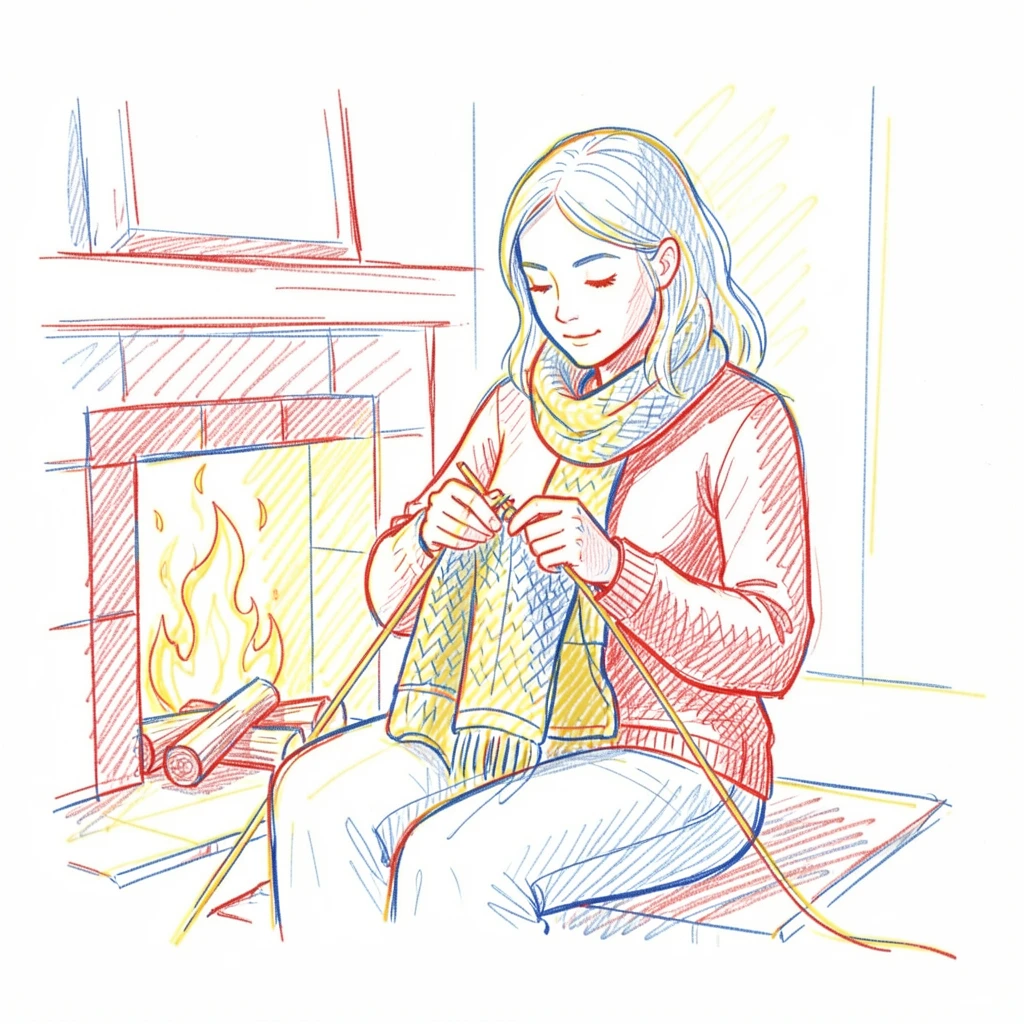 A woman knitting a scarf by a crackling fireplace on a winter evening