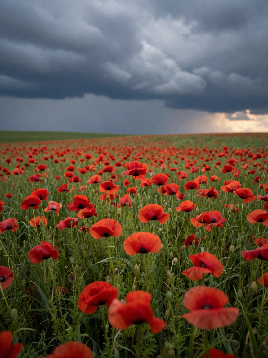A field of poppies swaying under a stormy sky