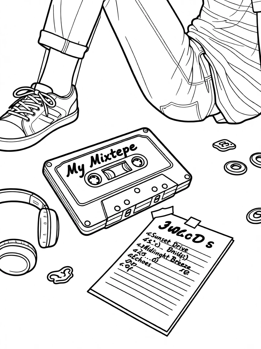 A cassette tape mixtape with a hand-written label, with a set list taped to the floor nearby.