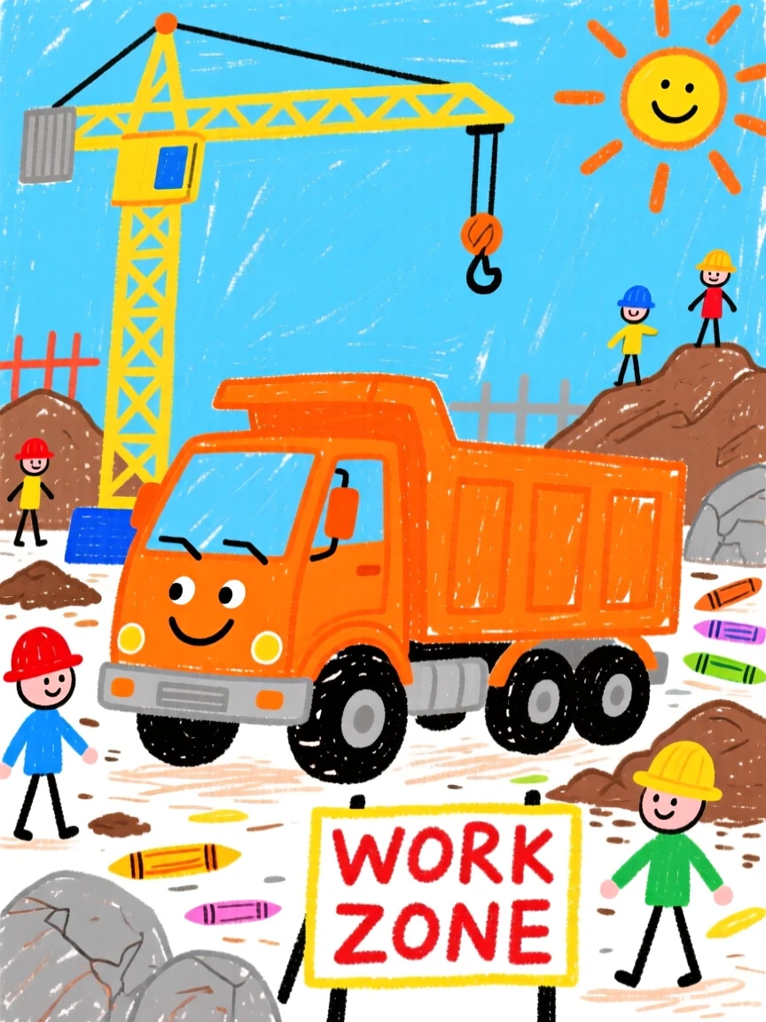 A bright orange dump truck working at a busy construction site.