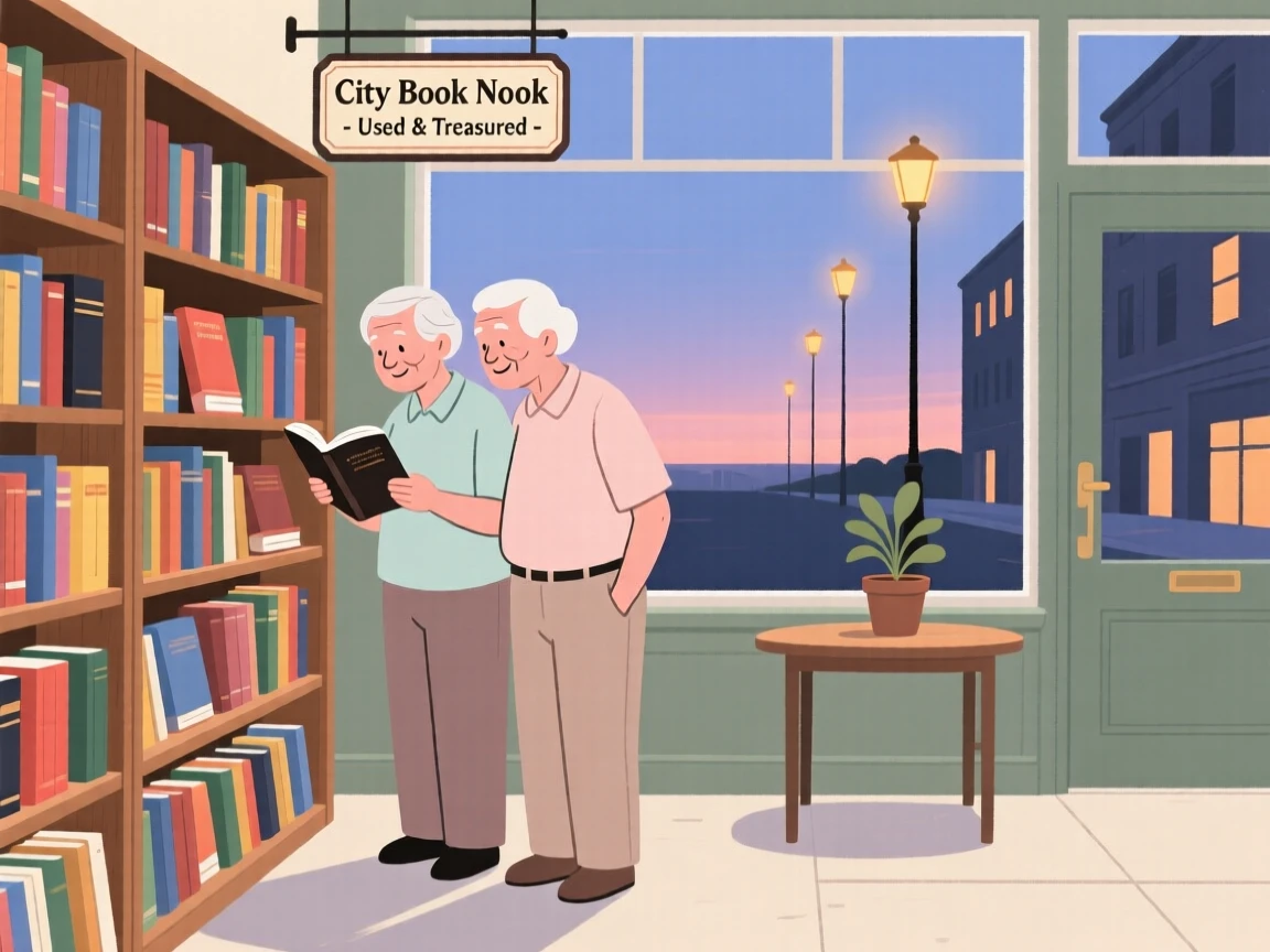 An elderly friends browsing a used bookstore on a quiet summer evening in the city.