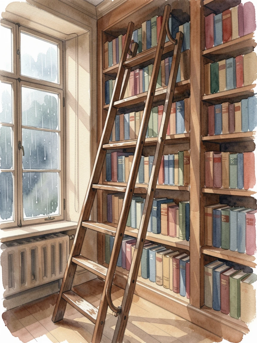 A bookshelf-lined study with a rolling ladder with rain visible through the window.
