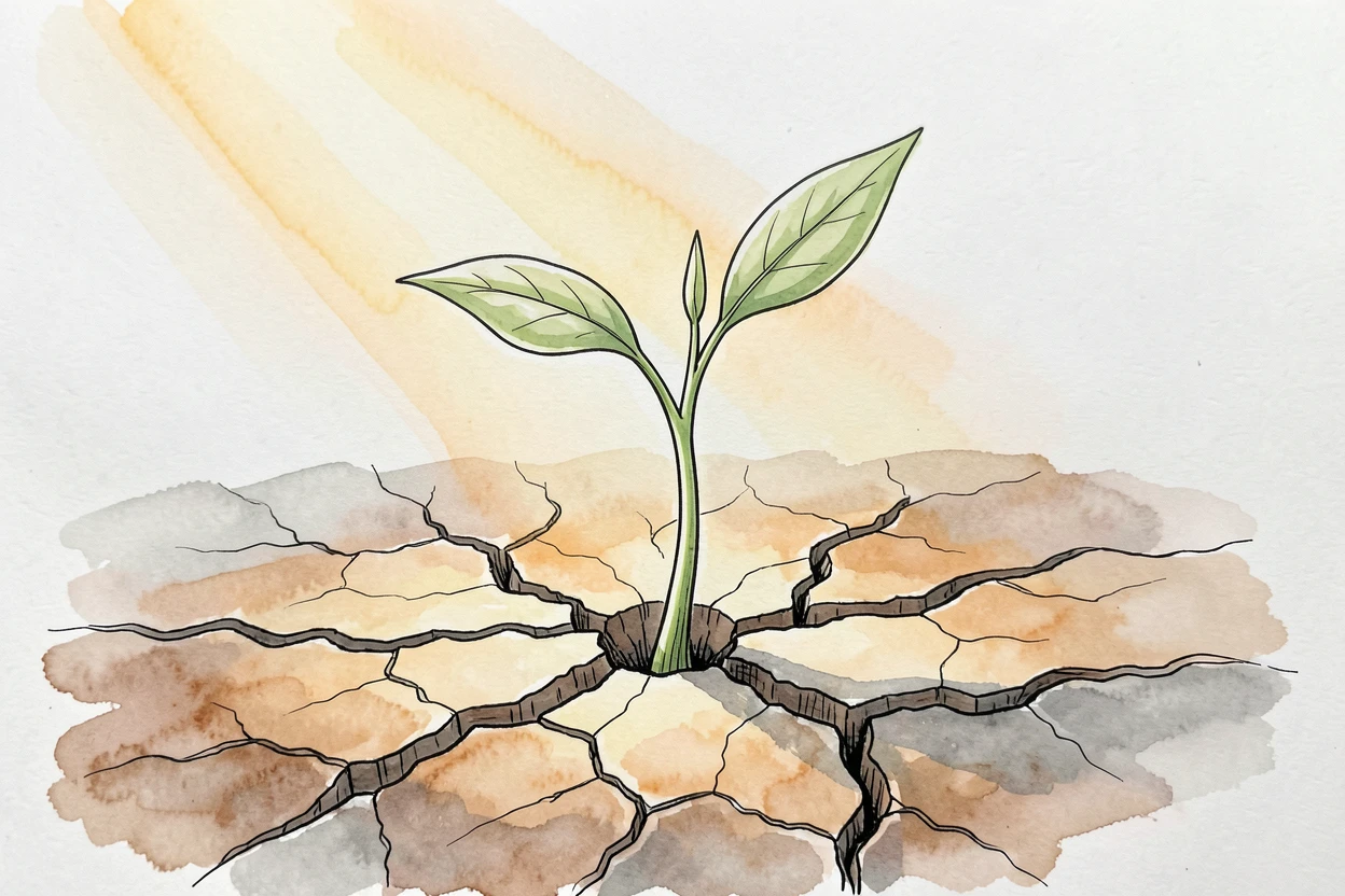 A single seedling sprouting through cracked earth toward a beam of sunlight