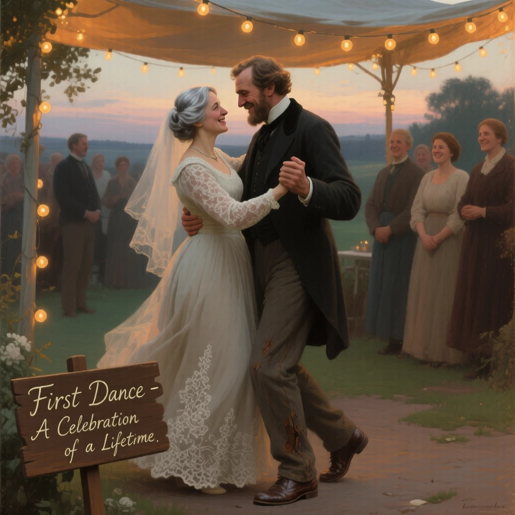 A bride and groom sharing their first dance beneath a canopy of string lights, every wrinkle and expression telling a story of a life fully lived, radiating authenticity and heartfelt sincerity