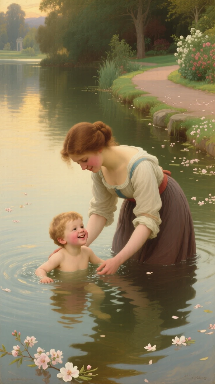A big sister teaching her little brother to swim in a calm lake at the exact instant a memory is quietly being made, set beside a garden path scattered with fallen blossoms, with soft golden light catching genuine, unguarded smiles; warm, low light wraps the family in a comforting glow, suggesting the enduring bonds between generations.