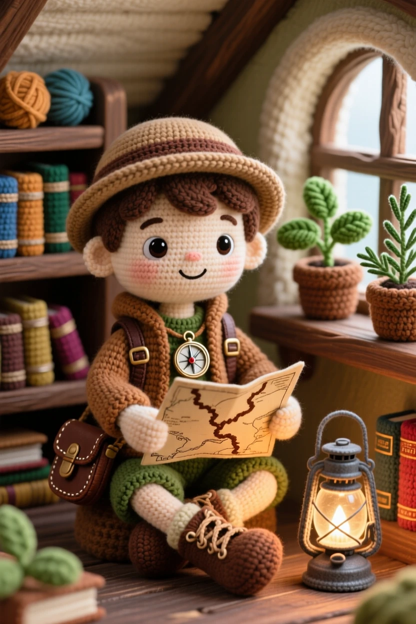 a young explorer boy, with a compass and a leather satchel, studying an old map by lantern light, in a snug attic study filled with old books, with a potted herb garden on the sill nearby, conveying cheerful industriousness and community spirit.