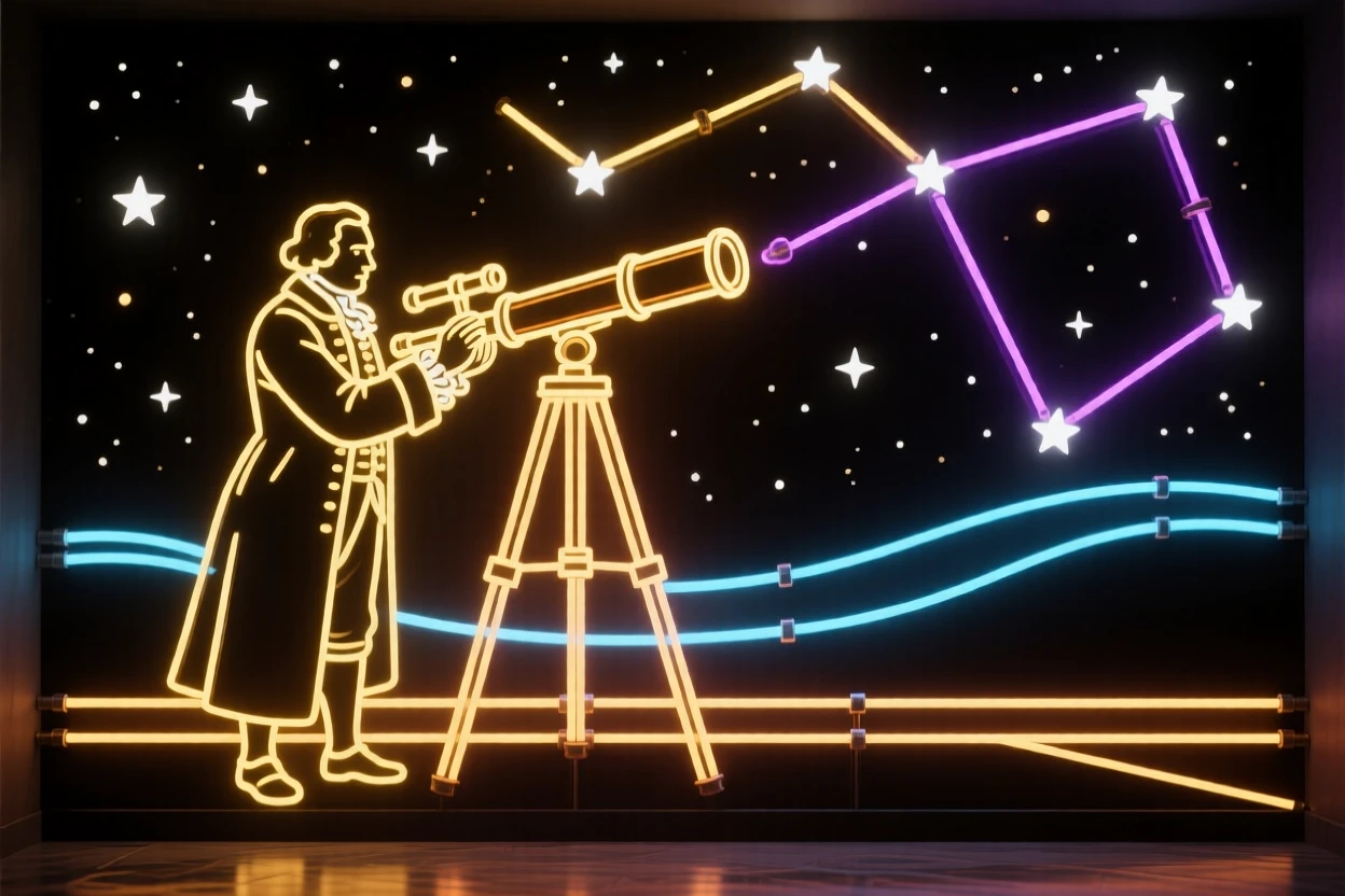 A wide historical scene depicting an astronomer from centuries past charting stars with an early telescope.