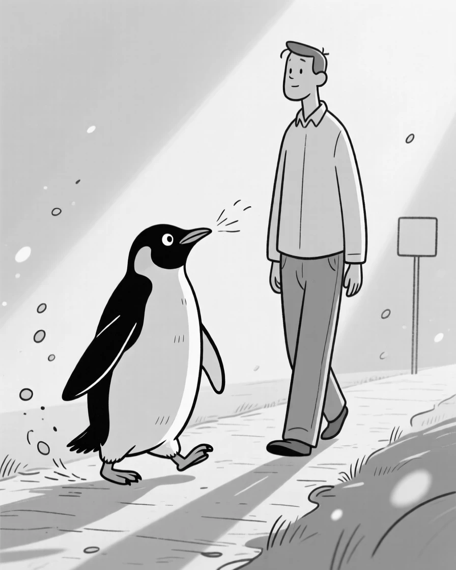 A penguin waddling with exaggerated determination, unrolling slowly to sniff the air, set next to its towering owner on a walking trail. Dust motes float in a beam of afternoon sun. There's something deeply endearing about the little chaos.