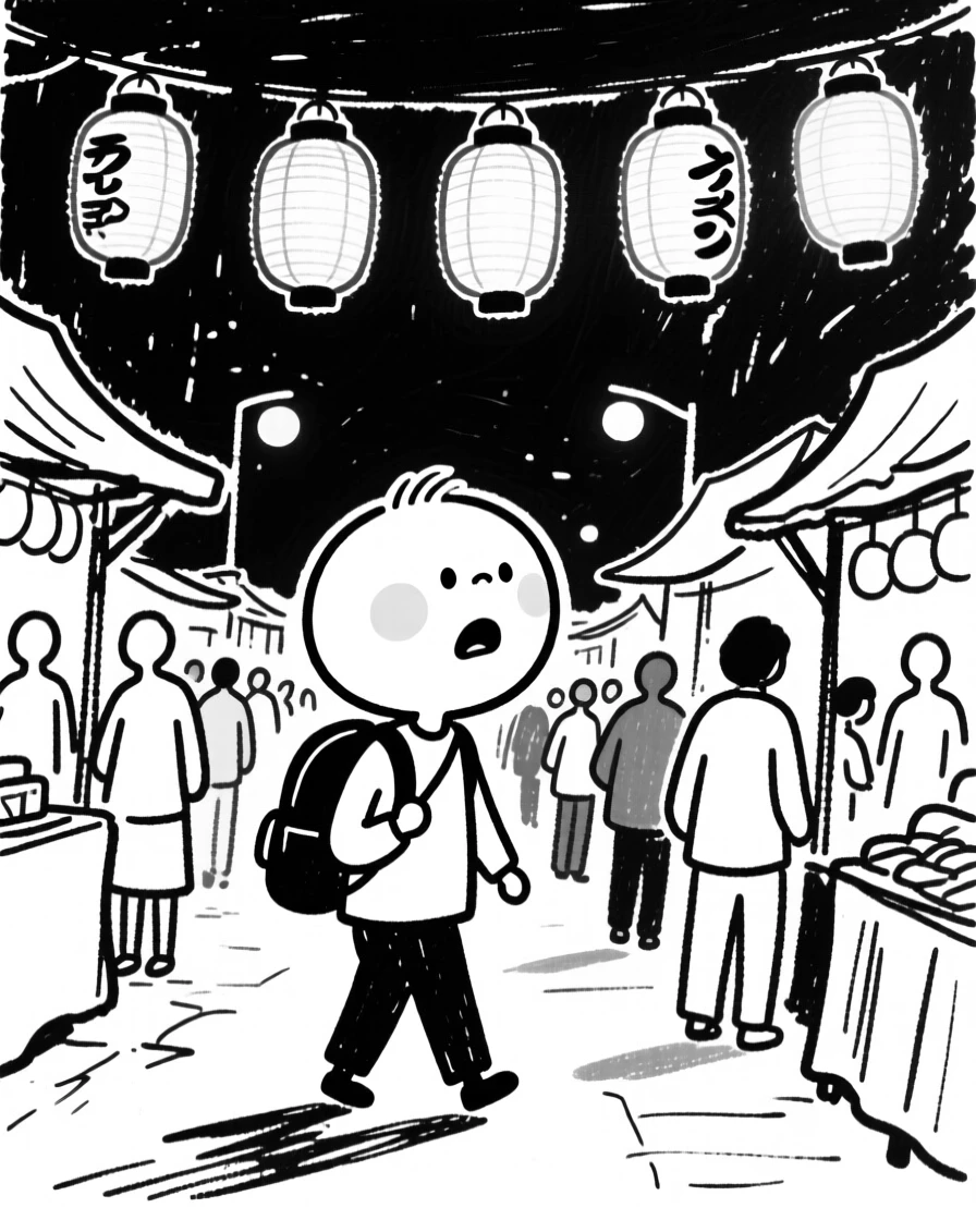 A traveler exploring a bustling night market in Tokyo, lanterns glowing overhead.
