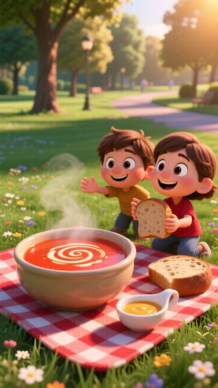 A bowl of creamy tomato bisque sits on a checkered picnic blanket in a park, beside a small dish of dipping sauce. A cheerful, mouthwatering warmth surrounds the dish.