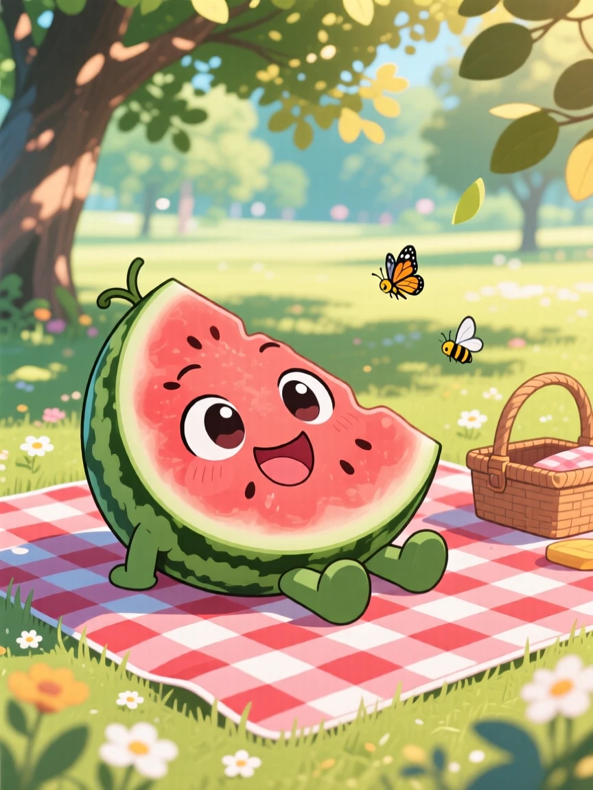 In a sunny summer picnic, a cheerful slice of watermelon is sunbathing on a picnic blanket during a light summer breeze, bathed in dappled sunlight through a canopy, expression full of brave confidence. Shot as a three-quarter view.