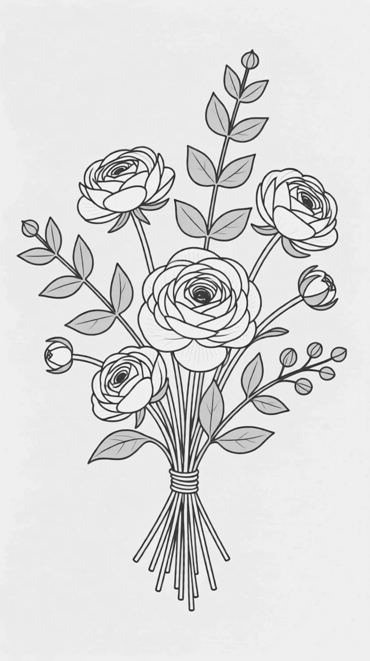 A bouquet of ranunculus and eucalyptus mixed together
