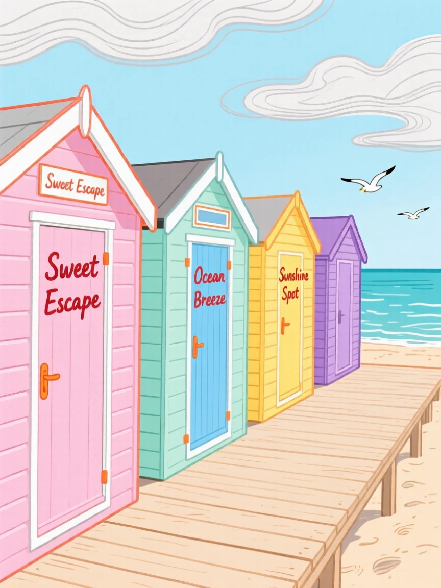 A seaside boardwalk lined with candy-colored beach huts.